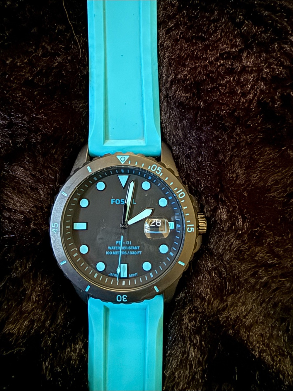 Fossil Black Dial Watch with Bright Turquoise Strap